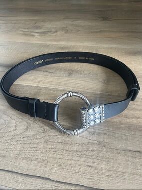 Chico's Black Leather Belt with Silver Decorative Circular Buckle Biker Moto